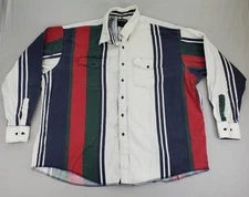 VTG Frontier Series Western Shirt Men 2X White Green Red Stripe Button Up Cotton