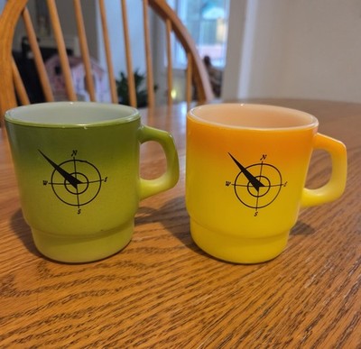 Fire King Anchor Hocking Set Of 2 Milk Glass Mugs Omber NW Compass Logo 1960s