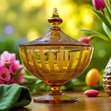 Vtg Amber Etched Striped Pedestal Glass Footed Compote Finial Lid Candy Dish