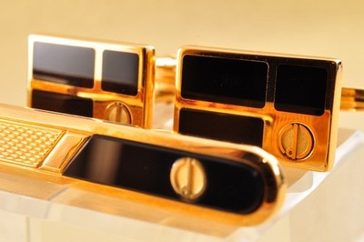 Vintage style ''Dunhill'' cufflinks and tie pins, gold and black color near mint.