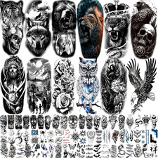 82 Sheets Temporary Tattoos Stickers - Black Fake Skull Skeleton Halloween Set