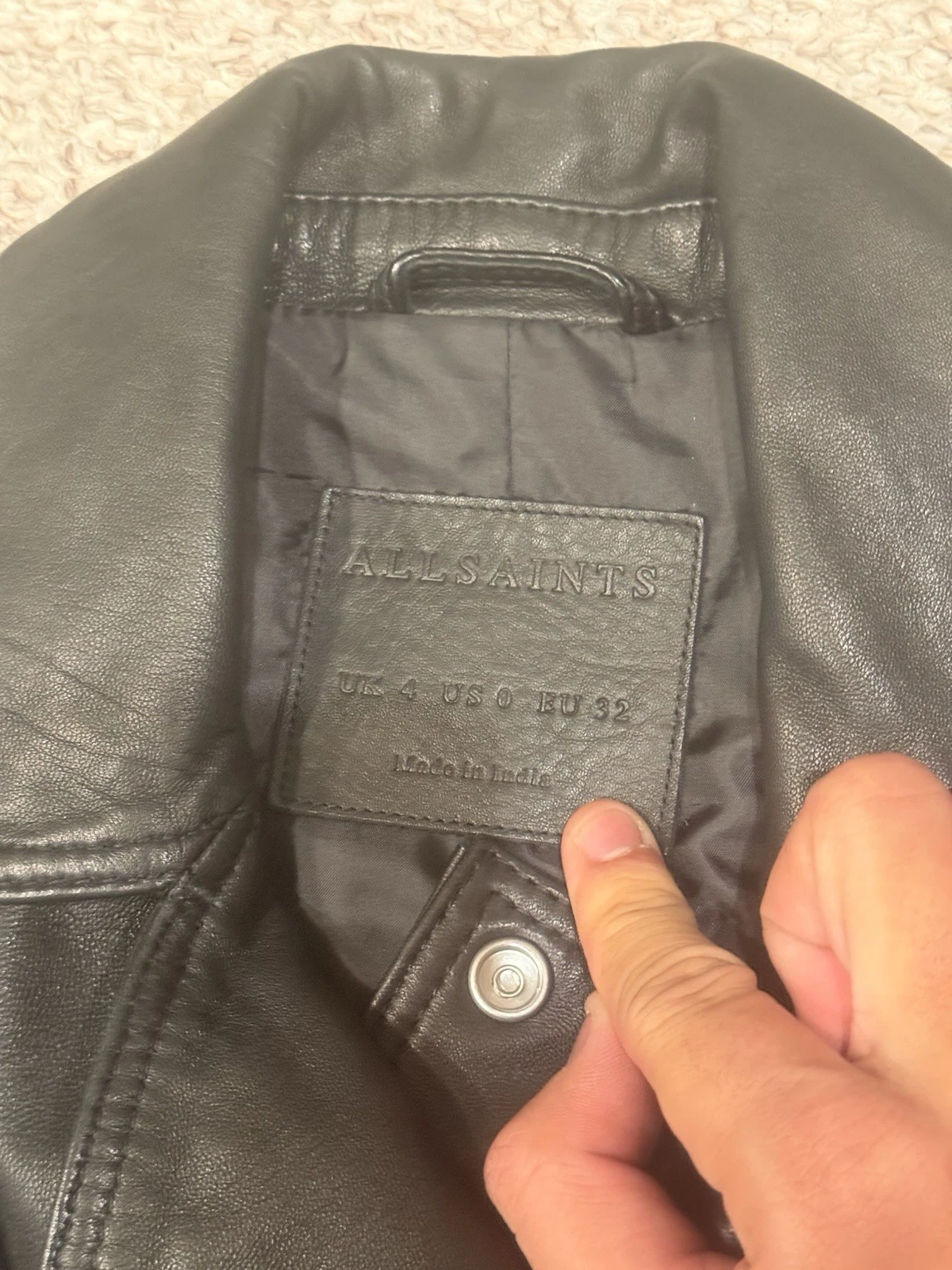 AllSaints Catch Biker Men's Leather Jacket Black SIZE 0 Slim Full Zip Moto Short - product detail image 2