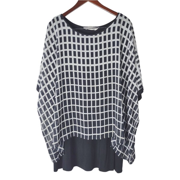 Virtuelle Tunic Tank Top Womens S Black White Check Overlay Round Neck 2 In 1