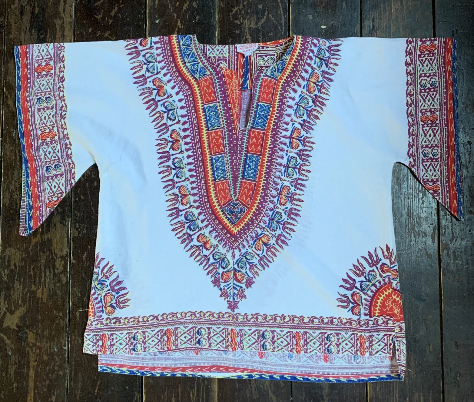 Vtg 70s Ethnic Colour Block Pakistan Cotton Block Print Boho Top Xxs Xs 4 6