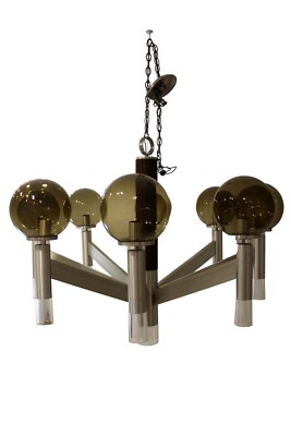 Large Mid Century Modern Smoked Glass & Metal & Walnut Chandelier Sonneman Style
