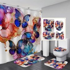 4 Pcs Romantic Blue Butterfly Shower Curtain Set Watercolor Pink Colorful