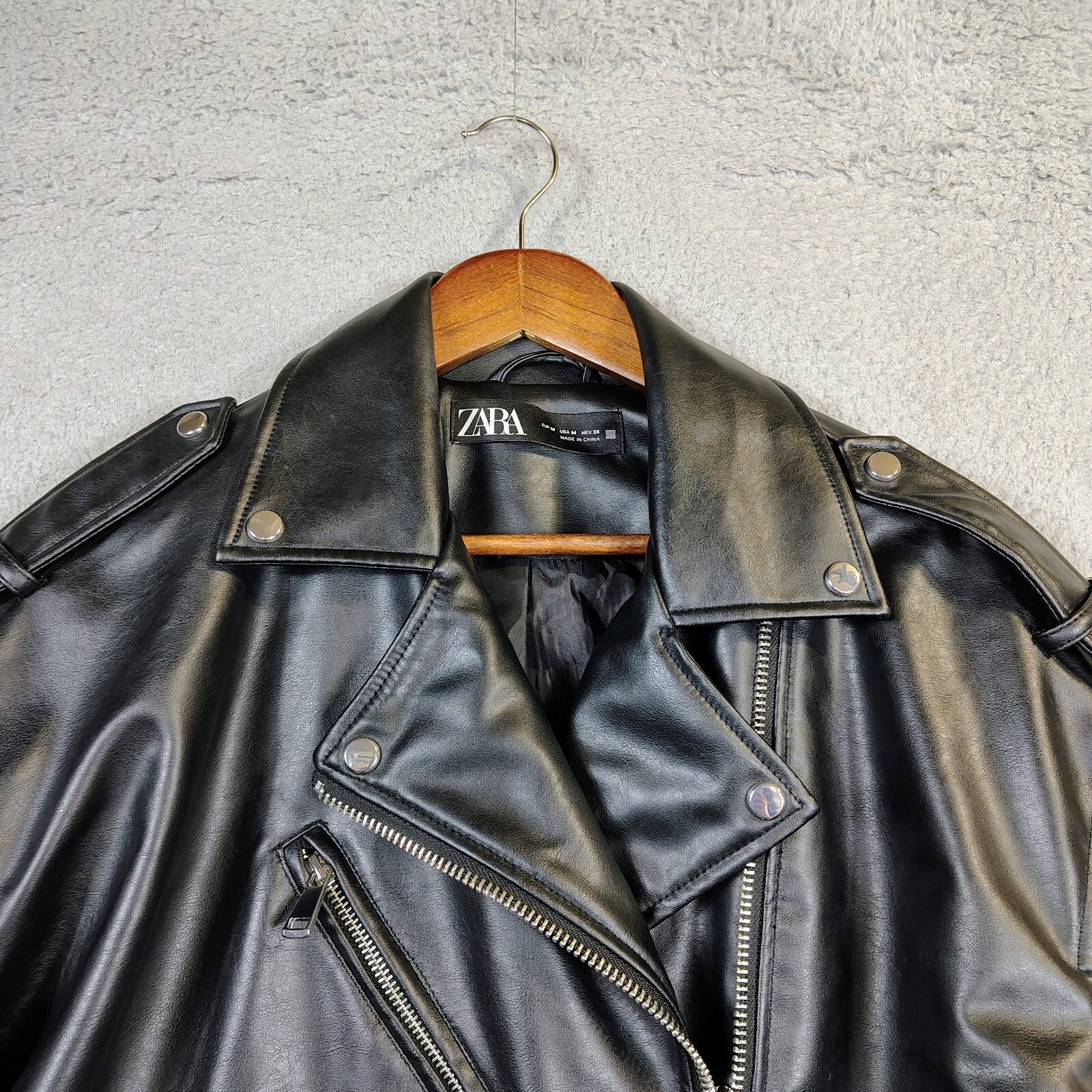 Zara Moto Jacket Womens  Medium Black Faux Leather Belted Biker Oversized thumbnail 5