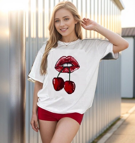 Womens Mon Cherry Leopard T-Shirt Ladies Oversized Short Sleeve Slogan Tee Top - Picture 18 of 50