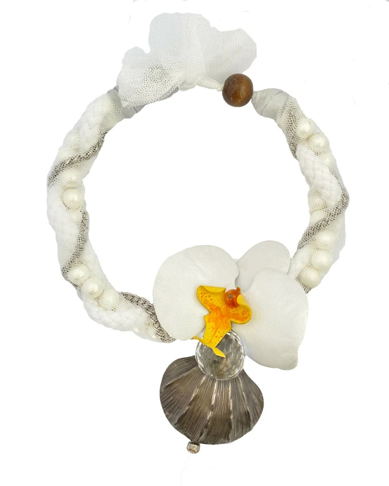 Statement Necklace White Orchid Flower Pearls 925 Silver Wedding Handmade - Image 2 of 3