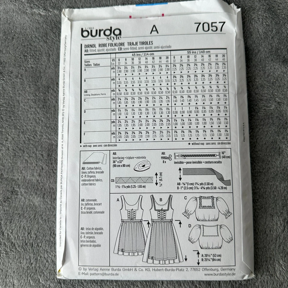 Burda 7057 Dirndl Dress Blouse German Austrian Oktoberfest Costume Pattern 6-20 - Image 4 of 4