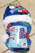 Disney Mickey  Minnie Mouse Blue 2pc Holiday Hat  Travel Throw Blanket Set