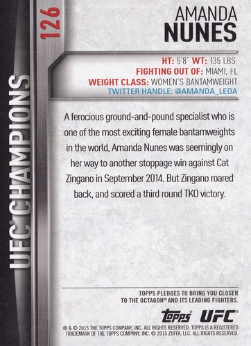 Amanda Nunes 2015 Topps UFC Champions Black Card #126 #d/188 277 269 196 200 207 - Picture 2 of 10