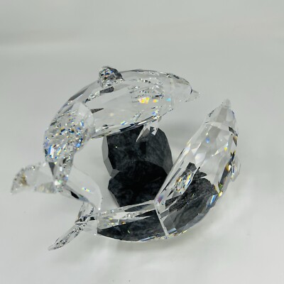 Swarovski Crystal Soulmate Dolphins Swimming Figurines On Granite Base 0955350