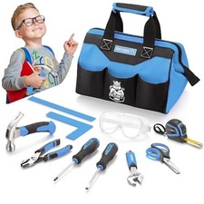 10 Piece Kids Tool Set with Real Hand Tools, Blue Storage Bag, Learning Kit