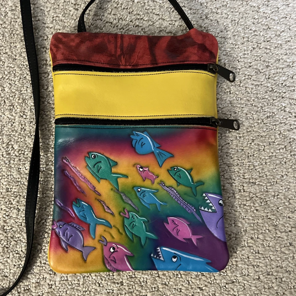 Handmade Embossed Leather Fish Design Shoulder Bag with change purse  9x6.25" - Image 3 of 4