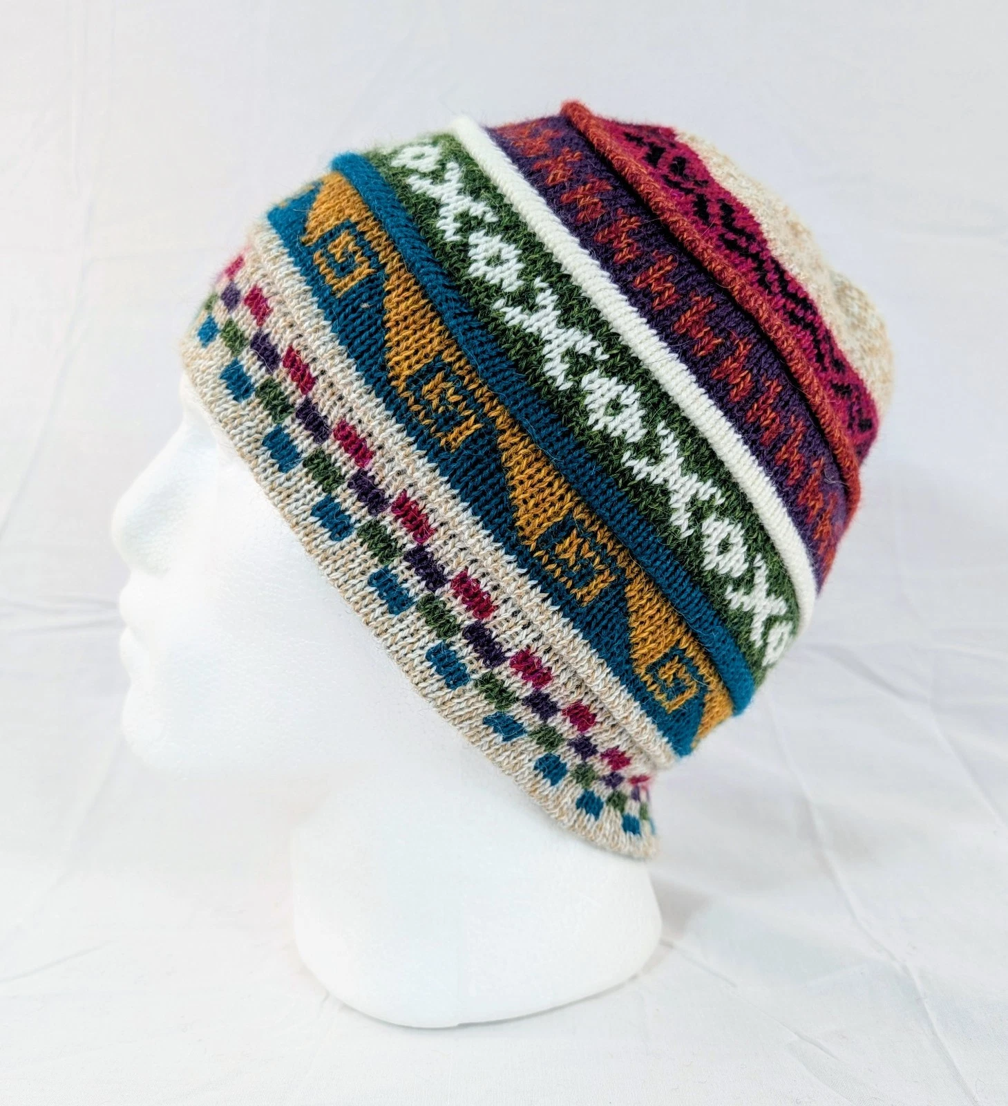 Soft Baby Alpaca Reversible Beige Beanie Unisex Colorful Boho Aztec Llama Peru