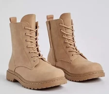 Torrid Stevie Lace Up Combat Boot Tan Women Plus SZ-12WW Side Zip Vegan Leather