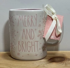 Rae Dunn Magenta MERRY AND BRIGHT Snowflakes Christmas 21 Oz Ceramic Coffee Mug