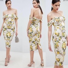 ASOS Women’s US 8 Off Shoulder Floral Midi Dress NWT Yellow Rose Bodycon Wedding