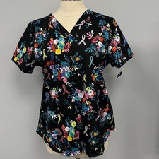 NWT Cherokee Awareness Ribbons Scrub Top S Black Floral Cotton Scrubs Uniform