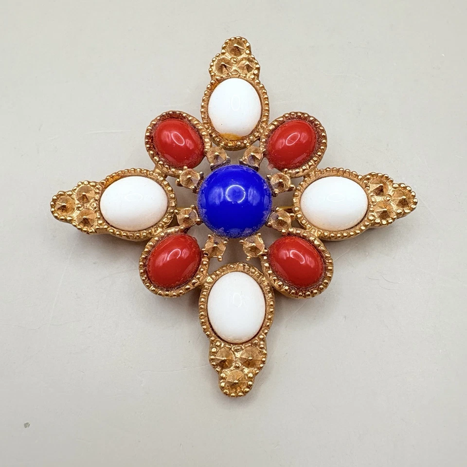 Broche prendedor Sarah Coventry vintage 1972 americano rojo blanco y azul tono dorado en muy buen estado Foto 2 de 4