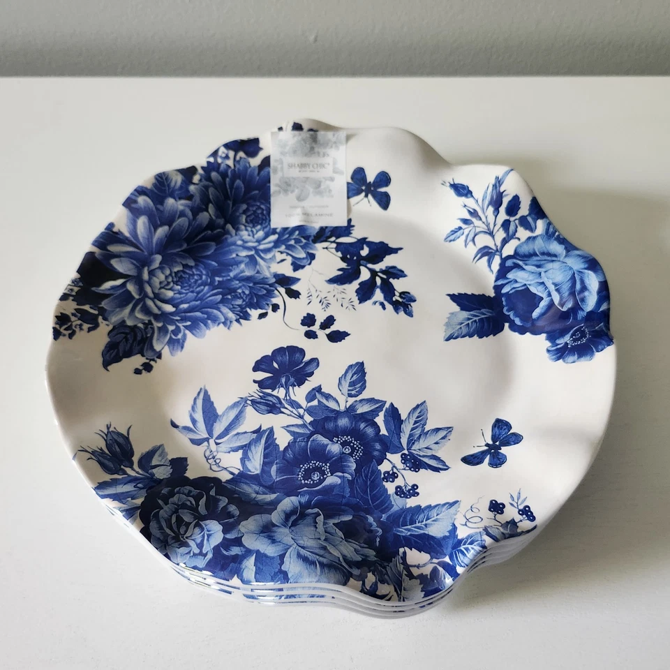 x4 Shabby Chic MELAMINE White Blue Flowers Salad Side Luncheon Plates Wavy Edge - Image 2 of 4