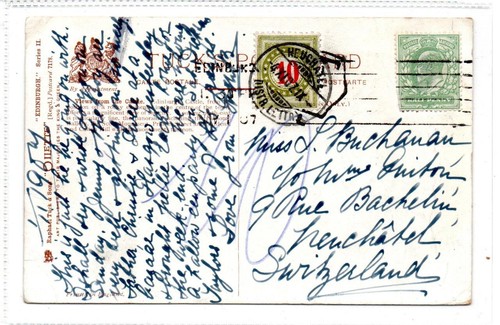 SCOTLAND - EDINBURGH: 1907 postcard to Switzerland with postage due (C92854)