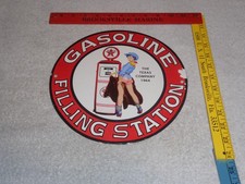 Vintage 1964 Texaco Filling Station Gasoline Pump Woman Porcelain Metal Oil Sign Vintage 1964 Texaco Filling Station Gasoline Pump Woman Porcelain Metal Oil Sign