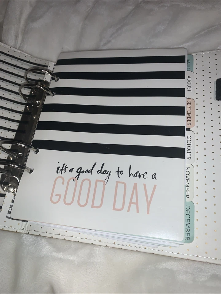 Libro calendario/planificador mensual a rayas dorado y blanco Foto 2 de 4