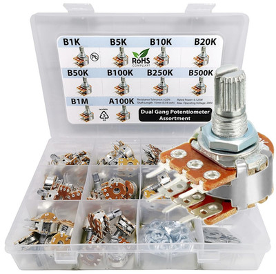50 Pcs Dual Gang Stereo 6-Pin Potentiometer Assortment 1K 5K 10K 20K 50K 100K 25