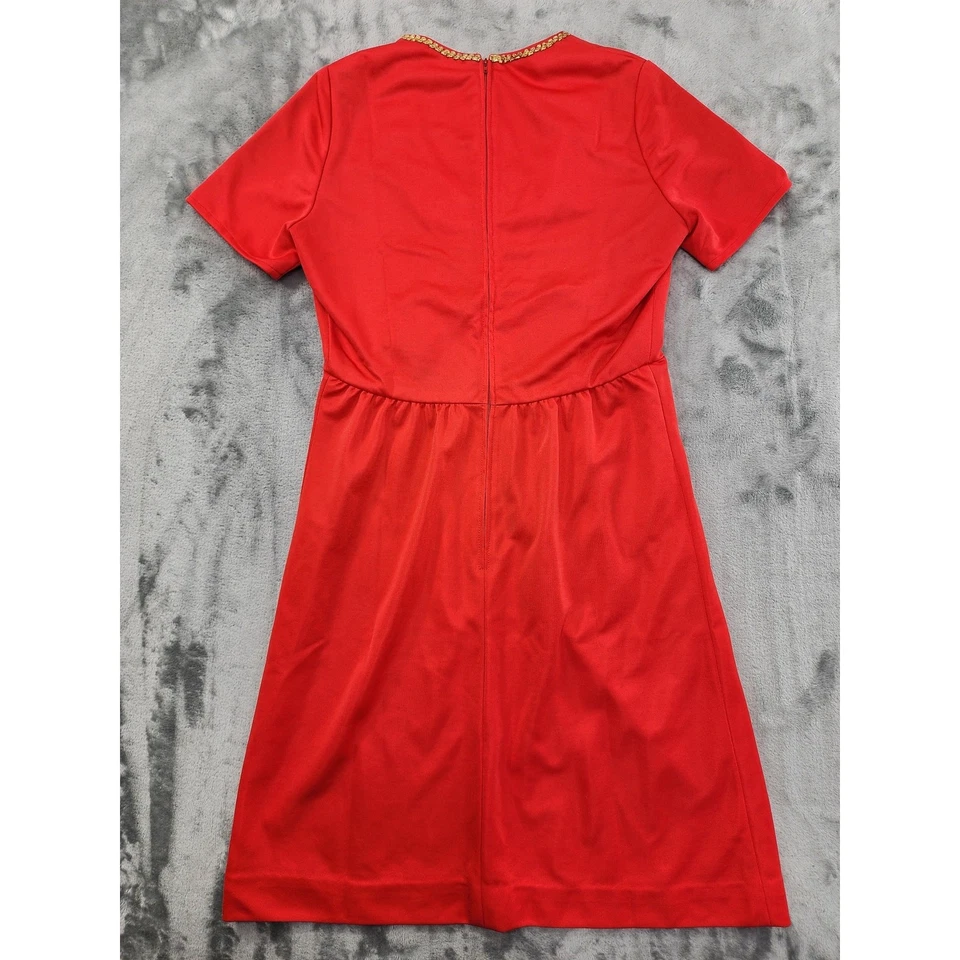 Vintage 60s Leslie Fay Knits Dress Womens S Red Gold Trim Scoop Neck Empire Mini - Image 4 of 4