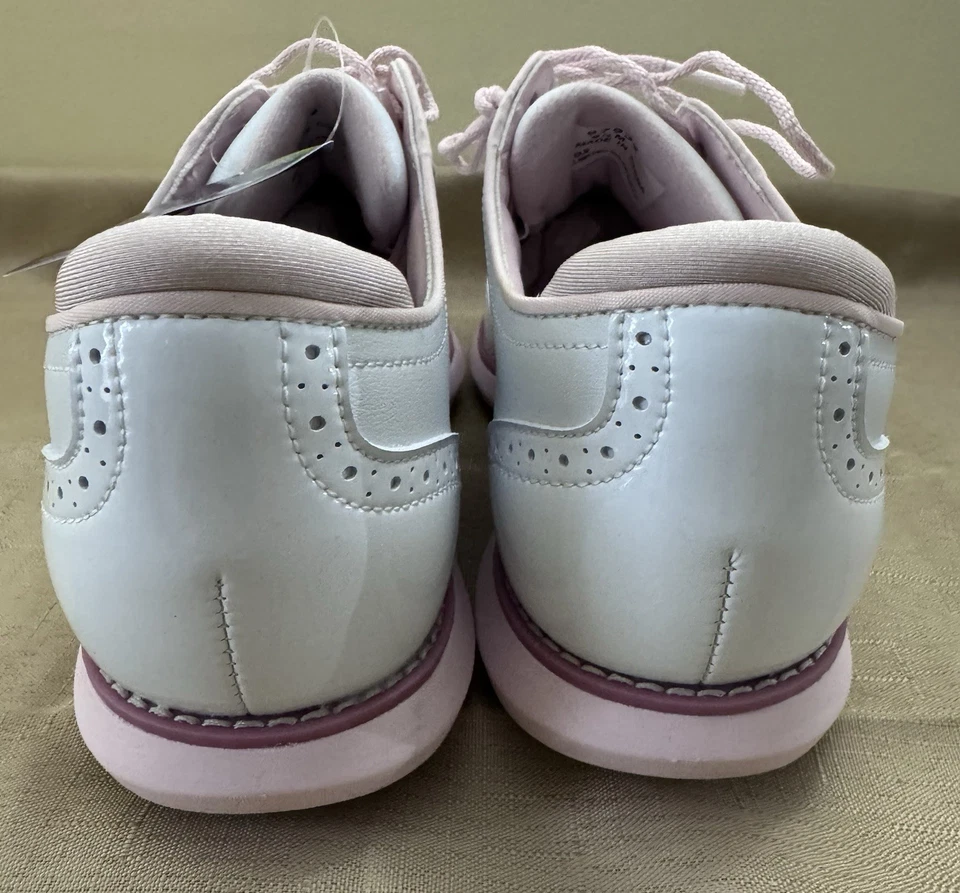Sapatos de golfe FootJoy Traditions ponta asa couro envernizado Oxfords branco/rosa 9,5 M - Imagem 4 de 4