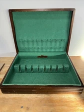 Vintage HARMONG House Tarnish Proof Tiger Wood Finish Flatware Storage Chest Box