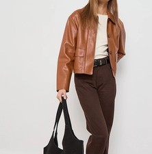 Mango Womens Leather Effect Short Jacket Pockets Brown UK M