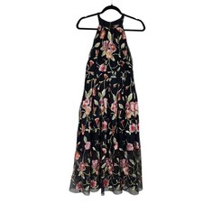 Vince Camuto Midi Dress 4 Navy  Blue Floral Embroidered Halter Neck Mesh Overlay