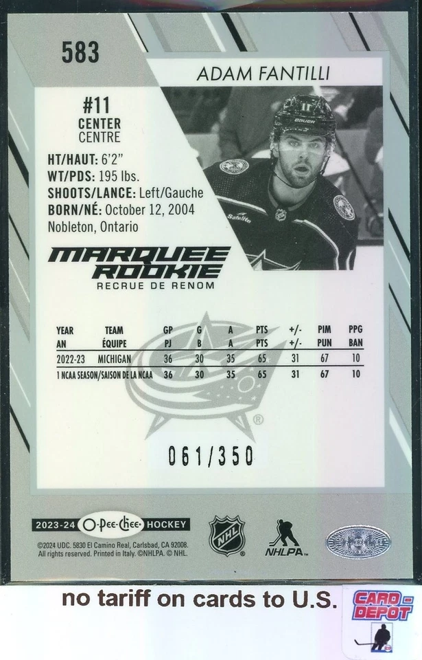 2023-24 O-Pee-Chee Rainbow RC #583 Adam Fantilli 061/350 - Image 2 of 2