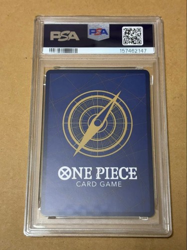 Trafalgar Law One Piece Card Game ST17-002 PSA10, blue compass-style card with gold center and black border.