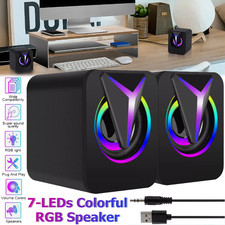 RGB LED Mini USB Powered PC Speakers w/ 3.5mm Aux Stereo Bass for Laptop Desktop