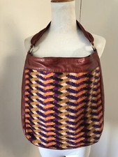 Missoni Rare Multi Color Zigzag Wool & Red Leather Shoulder Medium Handbag Italy