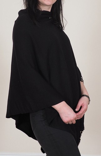 Ladies Poncho Cape Top Knitted One Size Long Warm Soft Feel Pom Pom Premium - Picture 4 of 13