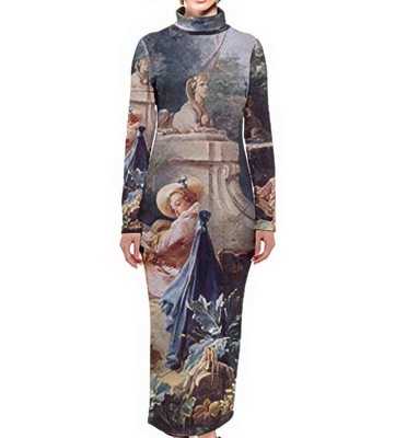 Rococo Boucher Turtleneck Dress Maxi Gift Shirtdress Floral Baroque Fine Art