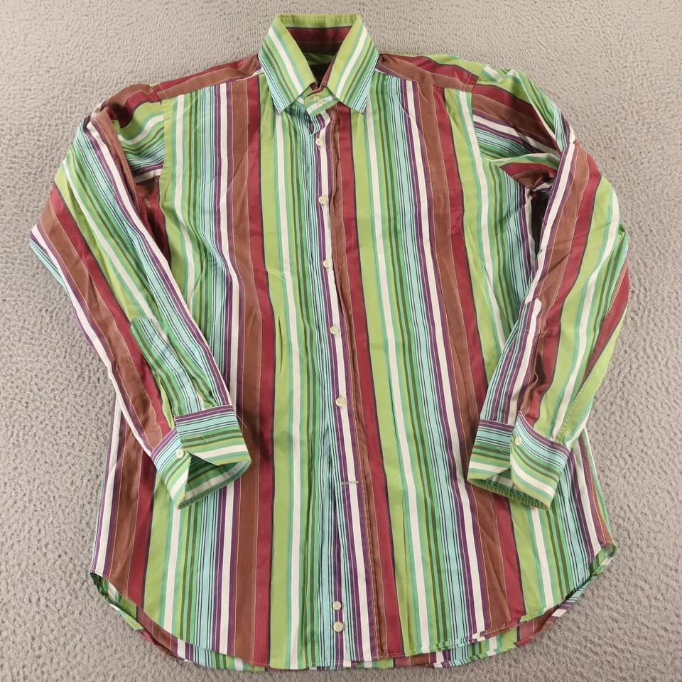 Camisa masculina ETRO M 40 verde marrom listrada 100% algodão com botões feita na Itália - Imagem 2 de 4