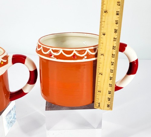 New Pair Holiday Time Christmas Gingerbread House Stoneware Hand Painted Mugs - Picture 9 of 12