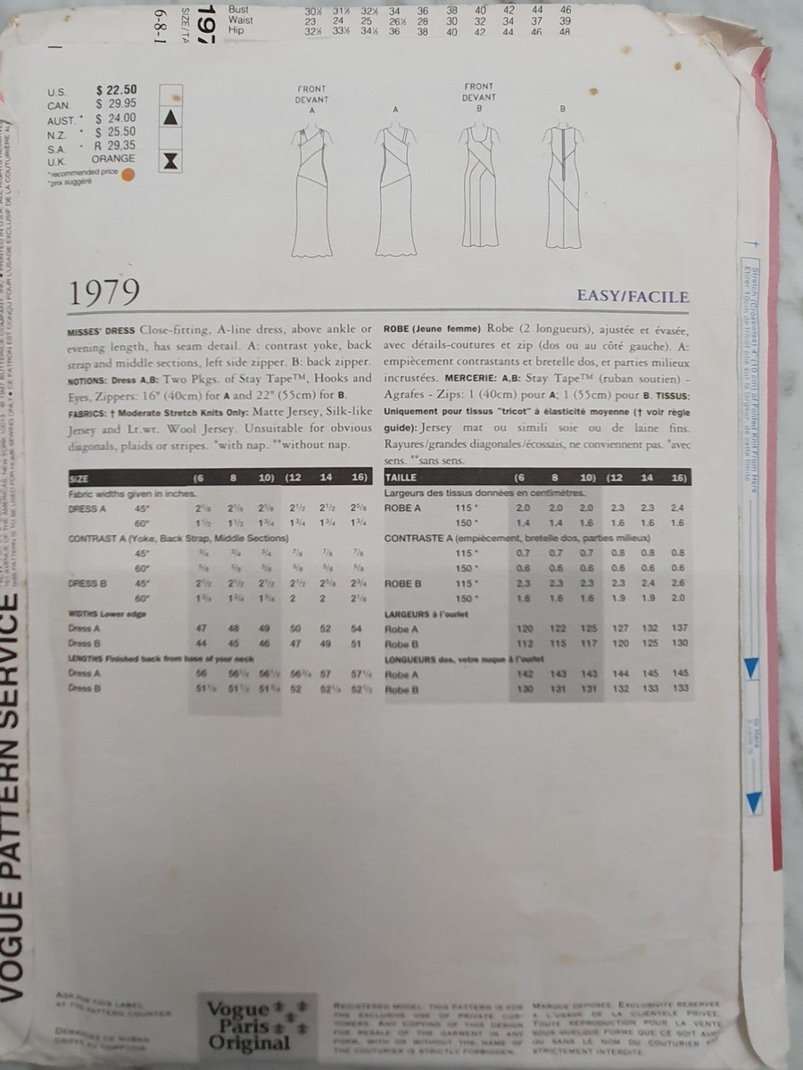 Patron De Couture VOGUE 1979 Signé LAGERFELD - Neuf Jamais Utilisé - Modèle Vintage