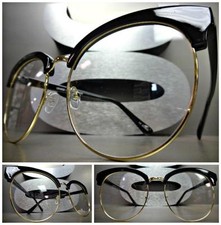 OVERSIZED VINTAGE 60s RETRO Style Clear Lens EYE GLASSES Huge Black  Gold Frame