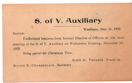 Sons of Civil War Veterans Auxiliary Postal Card Westboro Missouri 1922
