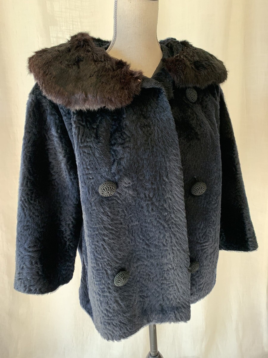 Vintage Black Curly Lamb Swing Coat Jacket with Black Fur Collar