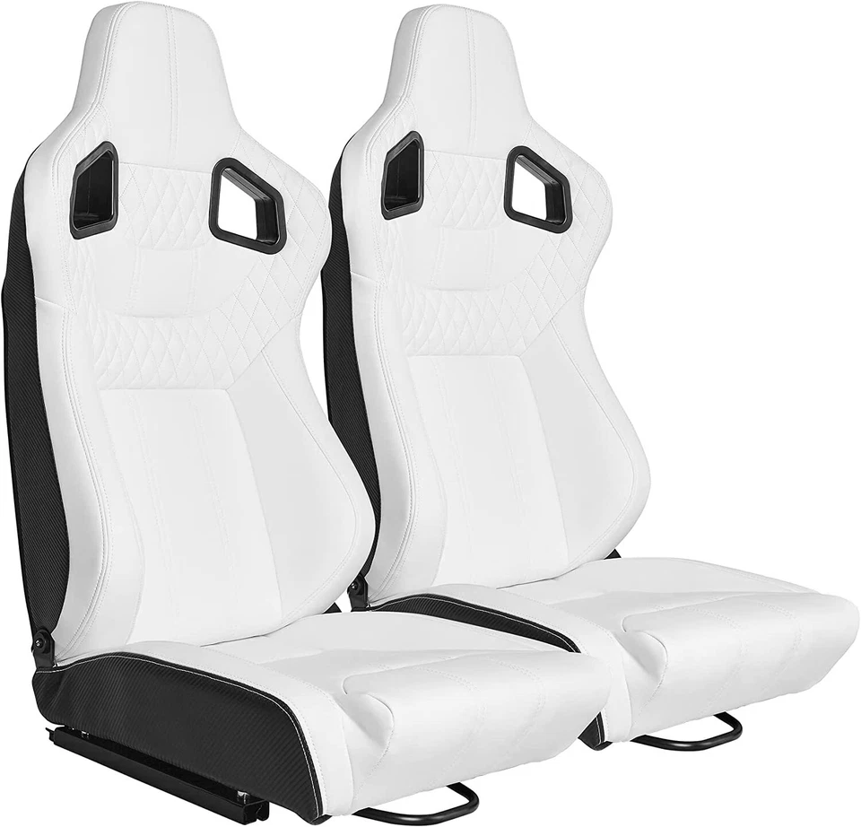 Universal Set of 2 Racing Seats Pair White Leather Reclinable Bucket Sport Seats - Image 3 of 4
