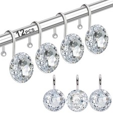 Shower Curtain Hangers, 12Pcs Steel Rings, Rhinestone Design, Clear