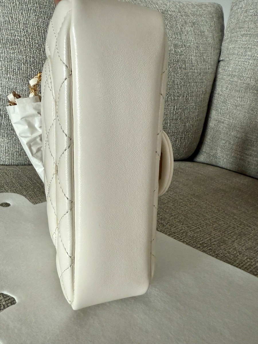 Chanel Mini Flap Bag White Lambskin Pearl Chain With Gold HW 24P